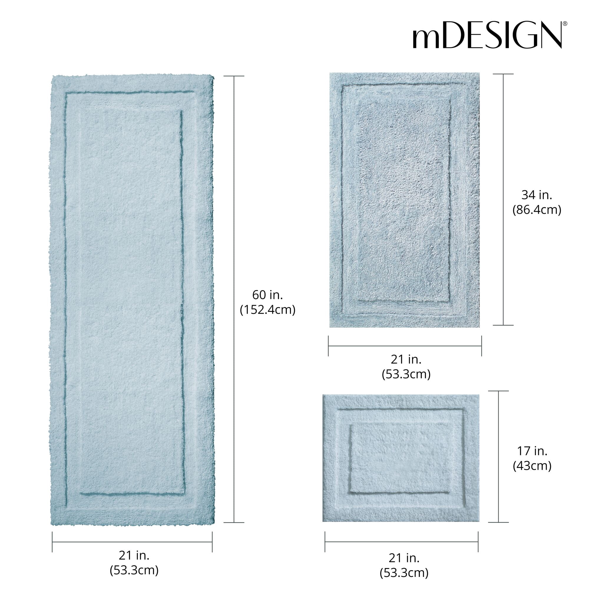 mDesign Microfiber Bath Mats - 3 Piece Bathroom Rugs - Set of 3 - Water Blue