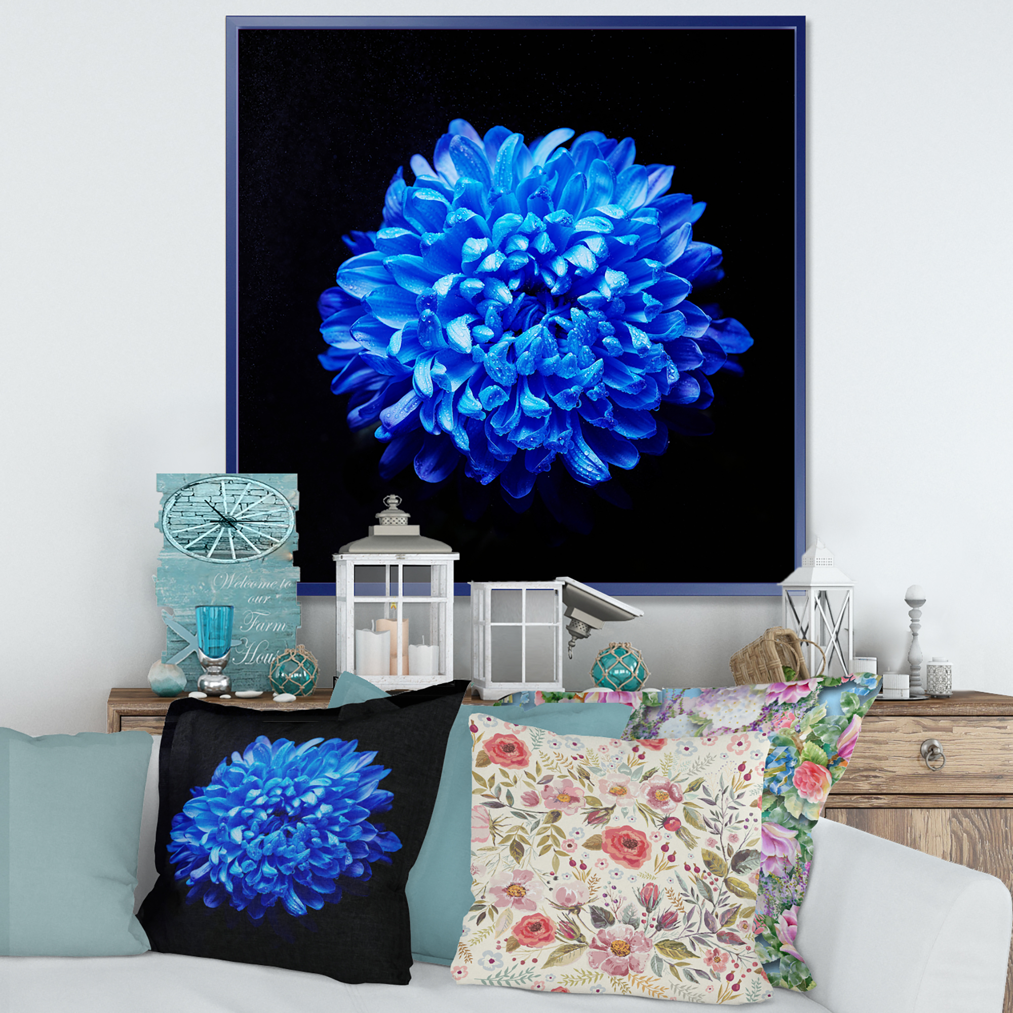 Designart 'Dew Drops on Blue Aster ' Traditional Framed Canvas Wall Art Print