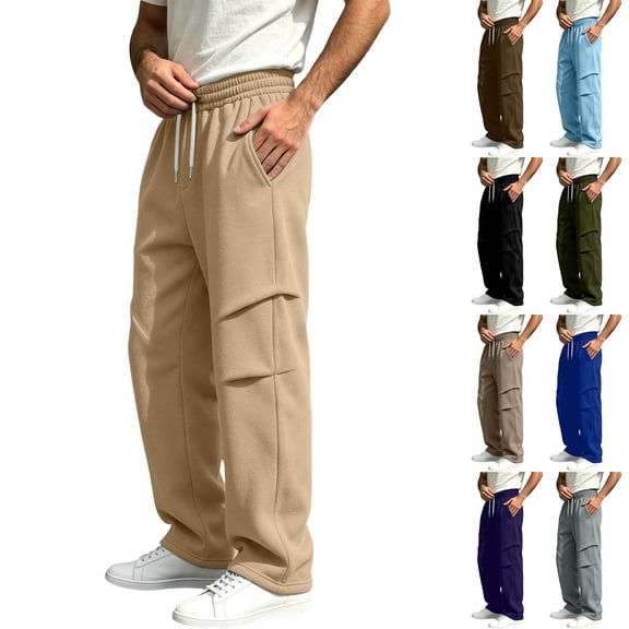 Men's Pleated Wide Leg Pants Drawstring Elastic Waist Straight Sweatpants Loose Fit Casual Track Pants with Pockets for Daily and Gym