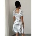 thumbnail image 3 of Black And White Polka Dot Square Neck Puff Sleeve Mini Dress With Corset Waist Tie, 3 of 8