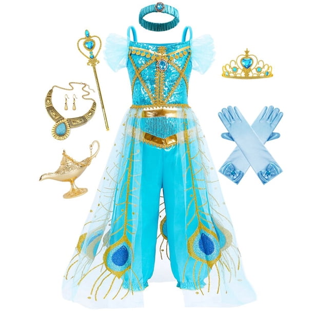 Vestido de princesa Jasmine para niñas, disfraz de Aladdín, trajes de tul tradicionales árabes para Halloween, juego de rol Fivean unisex