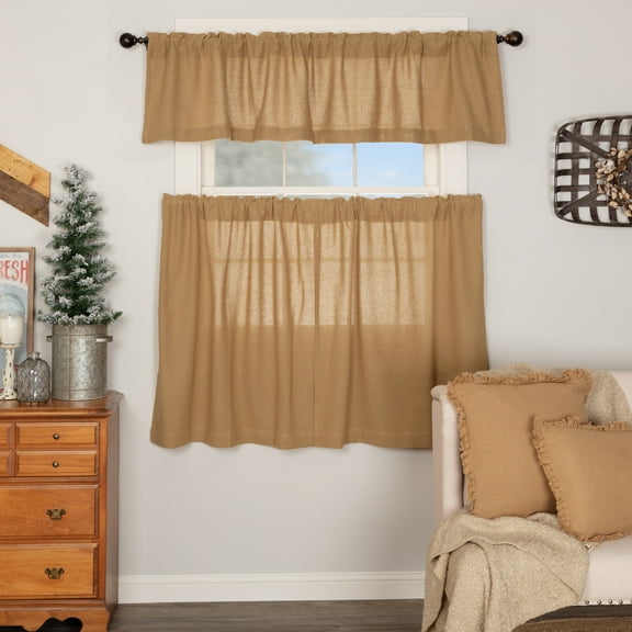 VHC Brands Burlap Natural 3 PC Curtain Set (1 Valance 16x72 and 2 Tier 36x36)