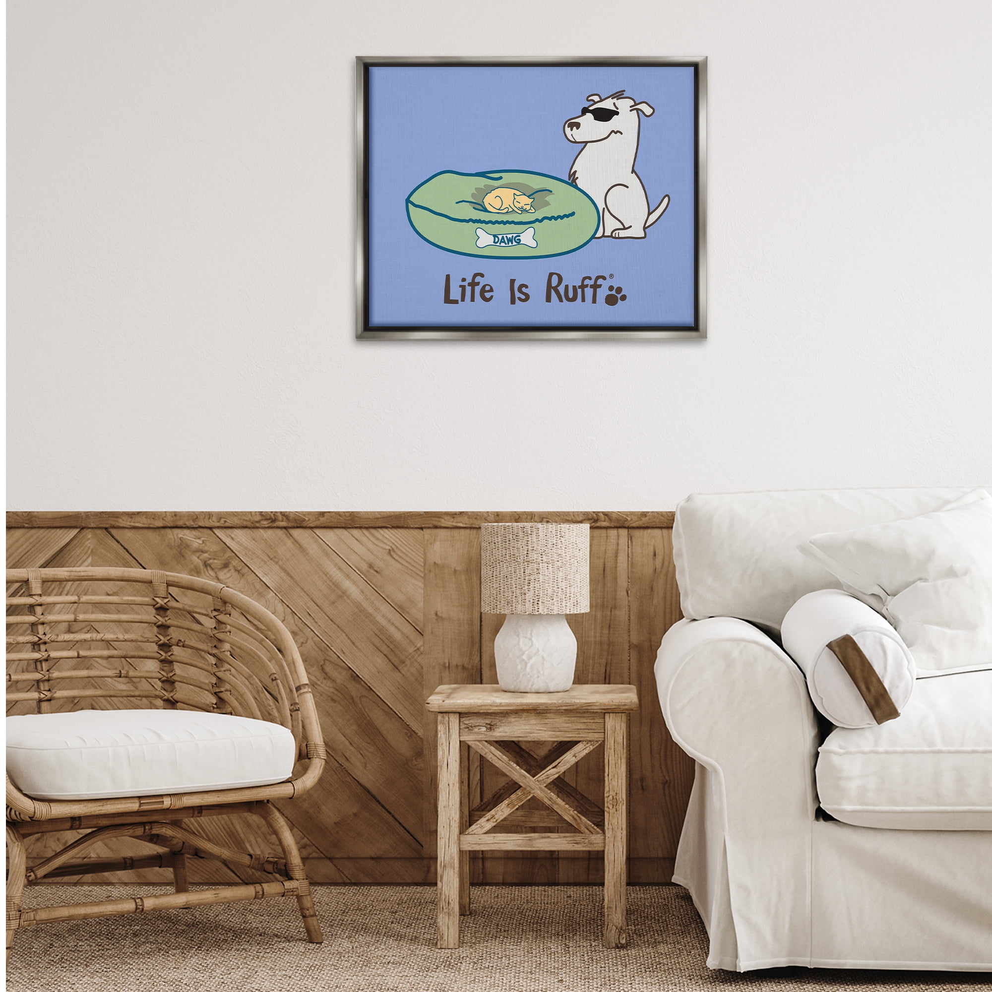 Stupell Industries Cat on Dog Bed Animals Painting Gray Floater Framed Canvas Art Print Wall Art, 31 x 25