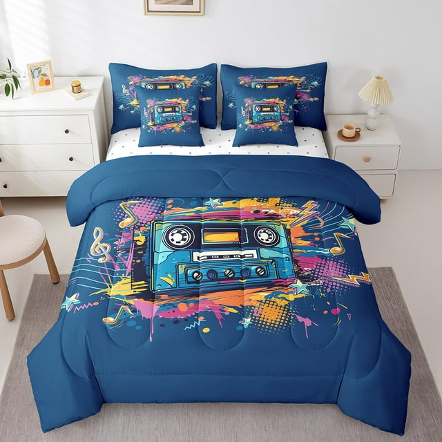 YST Ensemble de Douillette 7 Pcs Format Simple, Ensemble de Lit Rétro Cassette Réversible avec Drap Plat et Drap-Housse, Ensemble de Literie à Thème Graffiti Hippie Cassette Pop avec Taie d'Oreiller et Sham, Bleu