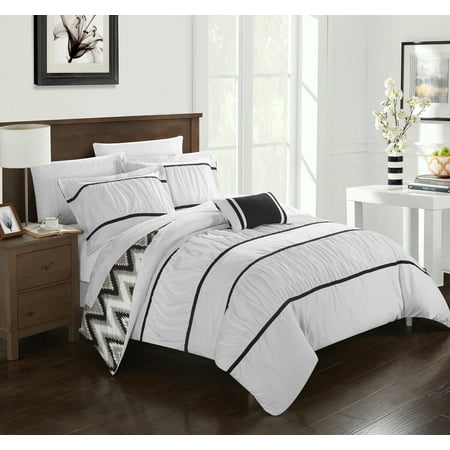 Chic Home 4-Piece Brooks Pleated & Ruffled with Chevron REVERSIBLE Backing Comforter Set with Shams and Decorative Pillows