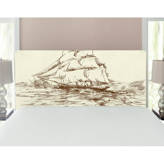 Nautical Headboard, Hand Drawn Sailboat Struggling in Ocean Wave Destination Historical Voyage Image, Upholstered Decorative Metal Bed Headboard with Memory Foam, Full Size, Ivory Brown, by Ambesonne