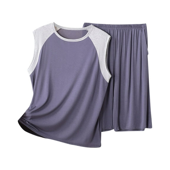 Lopecy-Sta Loungewear Sets for Men Father's Day Gift Men's Summer Loose Color Blocked Set Round Neck Short Sleeve Tank Top with Shorts Home Clothes Two Piece Set