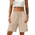 thumbnail image 2 of Bloomae Women's Linen Shorts Casual Button Side Slit Bermuda Long Shorts Drawstring Elastic High Waisted Comfy Summer Beach Vacation Short Pants with Pockets Beige M, 2 of 8