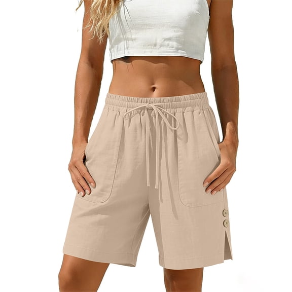 Womens Shorts with Slits Pockets And Button Solid Color Loose Cotton Casual Wide Leg Shorts for Women