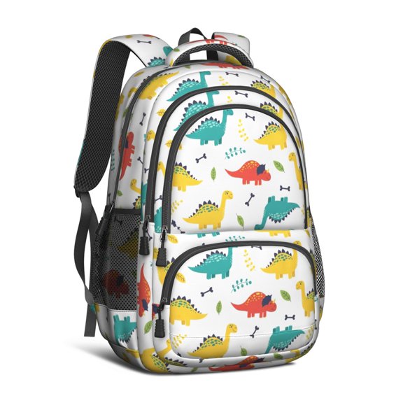 White Colorful Dinosaur Decoration Pattern Cute School Backpack Bag with Padded Back and Adjustable Shoulder Straps 16.9 X 12.6 X 5.9 Inches