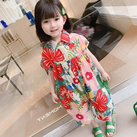 

Clearance Kid Toddler Baby Girl Spring Summer Short Sleeve Romper One Piece Printed Jumpsuit Bell-Bottomed Flare Pants