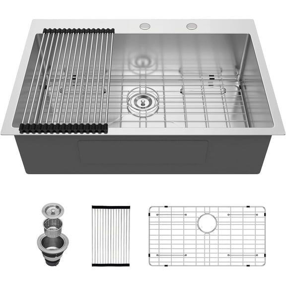 33x22 Drop In Kitchen Sink 16 Gauge Stainless Steel Kitchen Sink Single Bowl Round Corner Topmount Overmount Deep Basin Kitchen Sinks