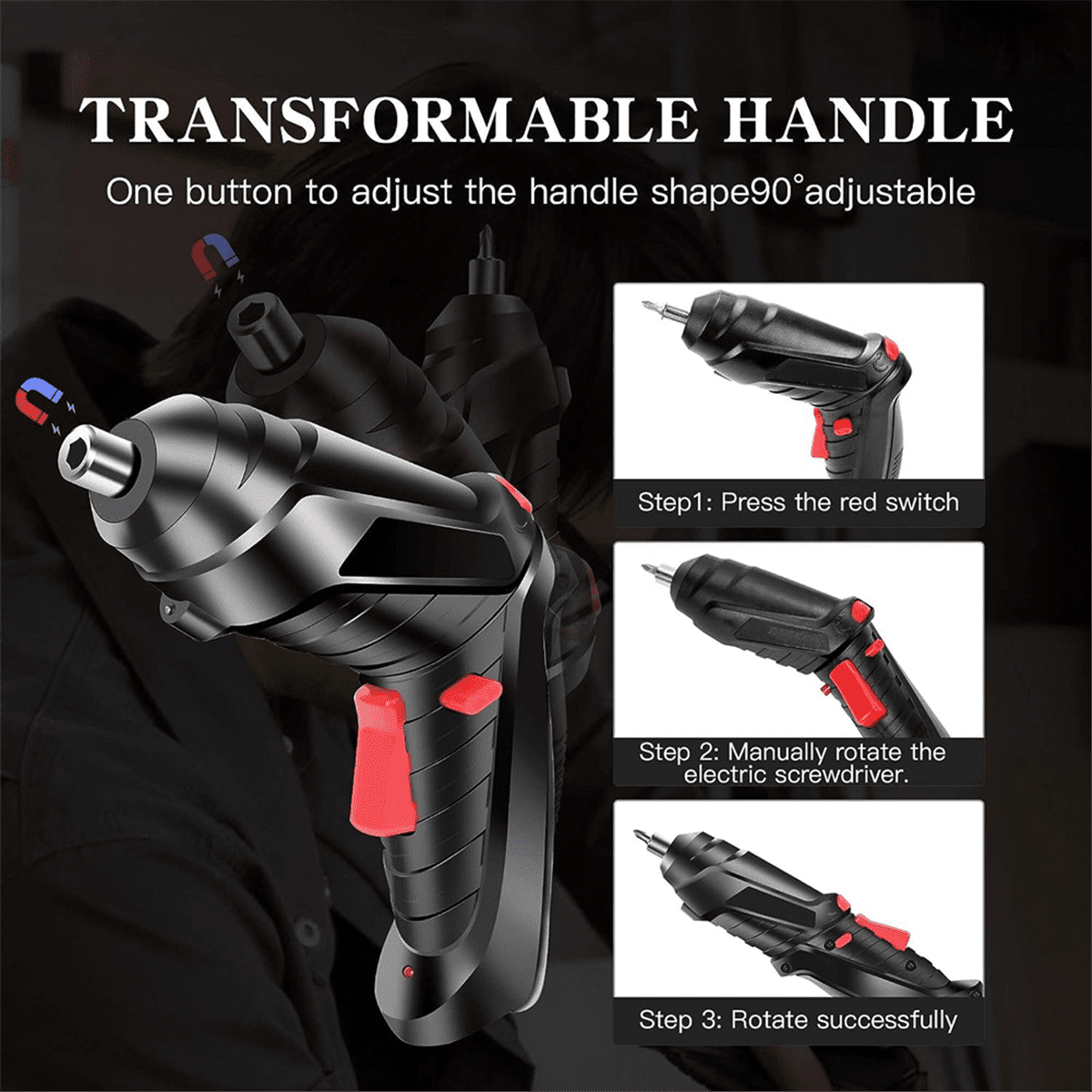 Electric Screwdriver 47Pcs Cordless Screwdriver 3.5N.M Power Screwdriver, 3.6V Cordless Drill Screwd Black Plastic+Metal