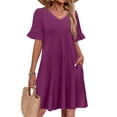 thumbnail image 2 of Summer Casual Dresses for Women A Line Sun Dress Ruffle Short Sleeve V Neck Tshirt Dress with Pockets Purple XL, 2 of 6