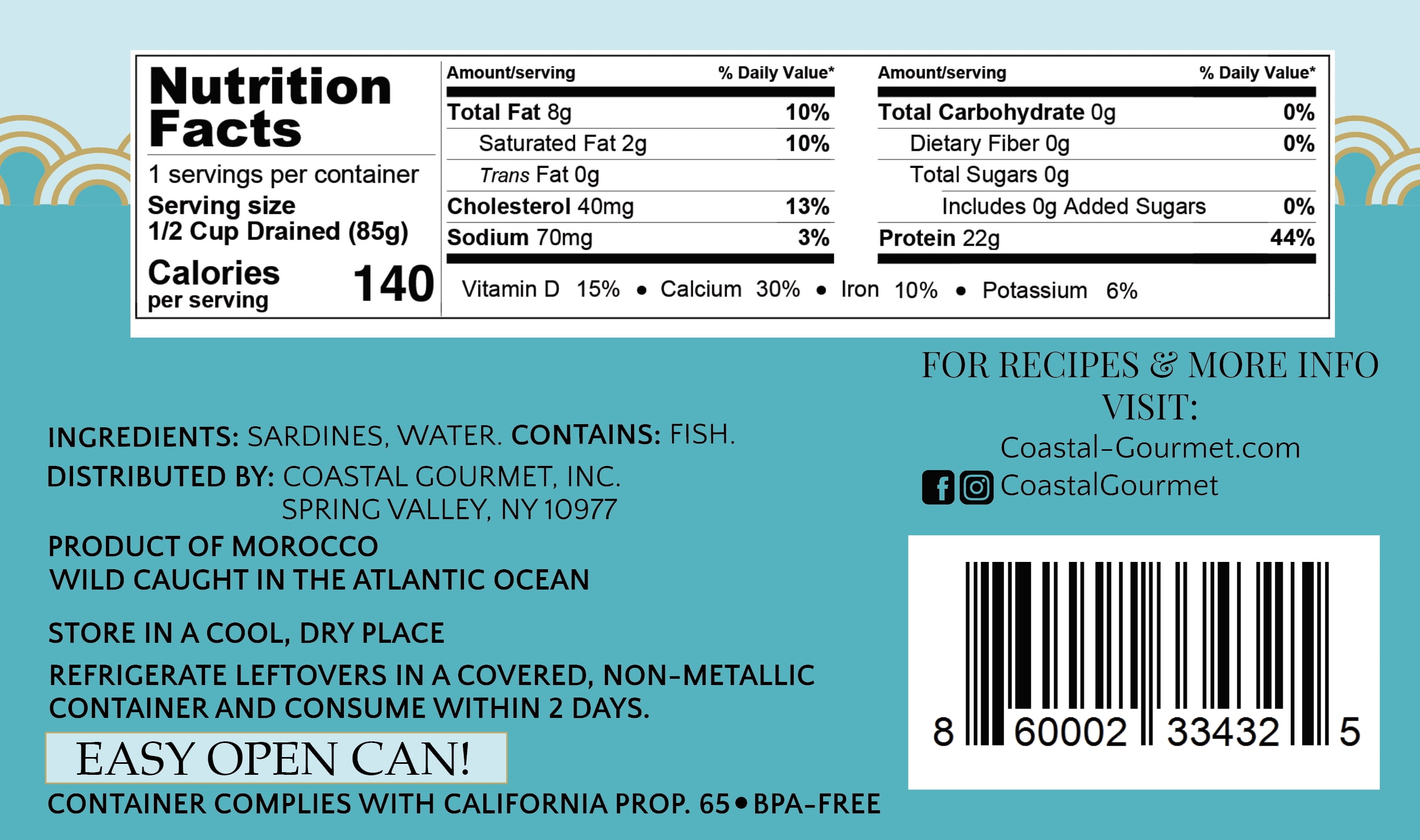 Coastal Gourmet Sardines in Water- No Salt Added 4.375 oz. (Pack of 12) (Packaging May Vary)