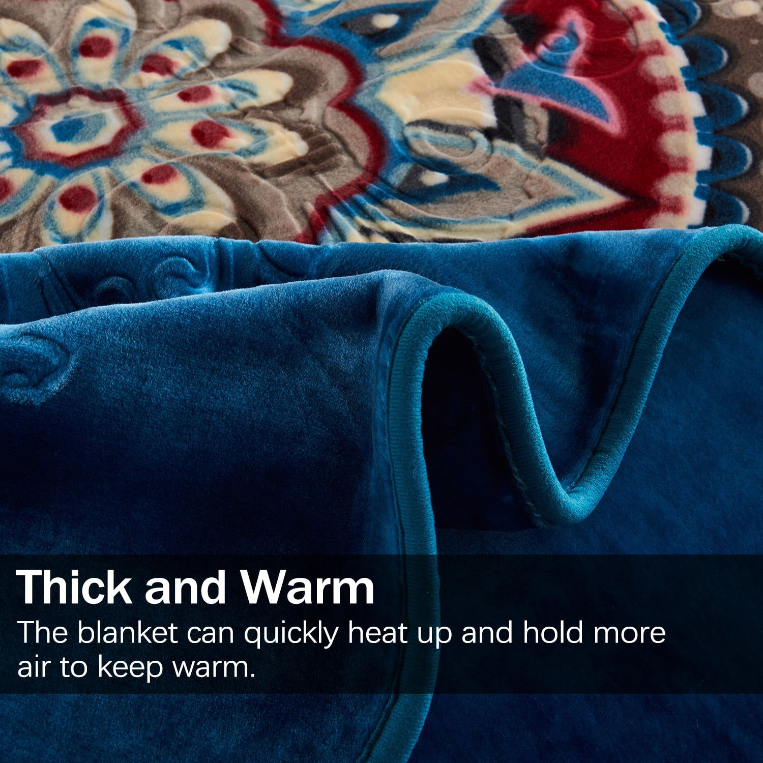 Heavy Thick Fleece Blanket King Size, 9lbs,1 Ply Silky Soft Warm Flower Embossed Raschel Winter Blanket, Minky Soft Plush Blanket for Sofa Bed, 85"x95", Blue & Wine Red