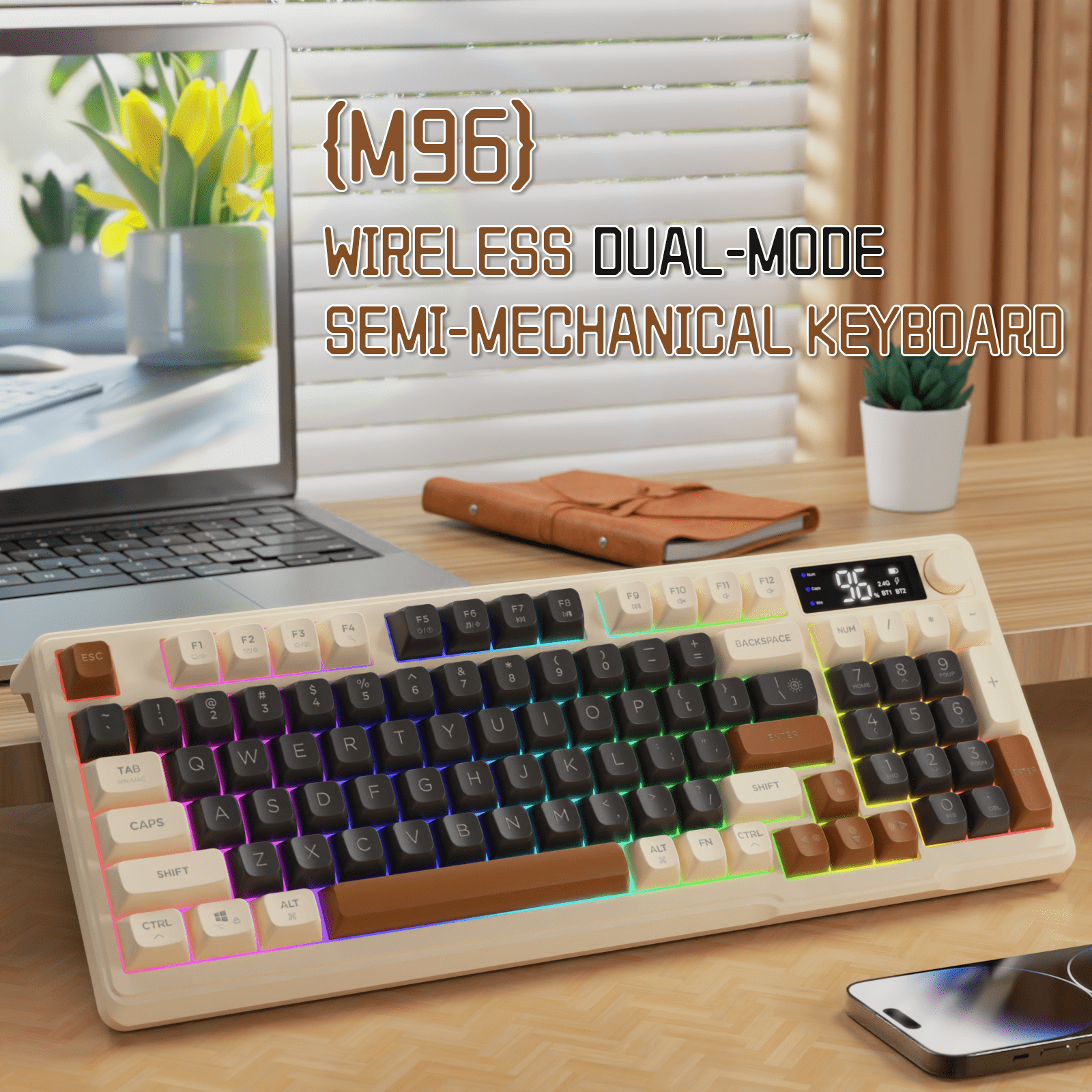 ZIYOULANG M96 Dual Mode Wireless Gaming Keyboard with 2.4G & BT5.0, 90% Membrane Semi-mechanical Keyboard with Smart Display & Knob