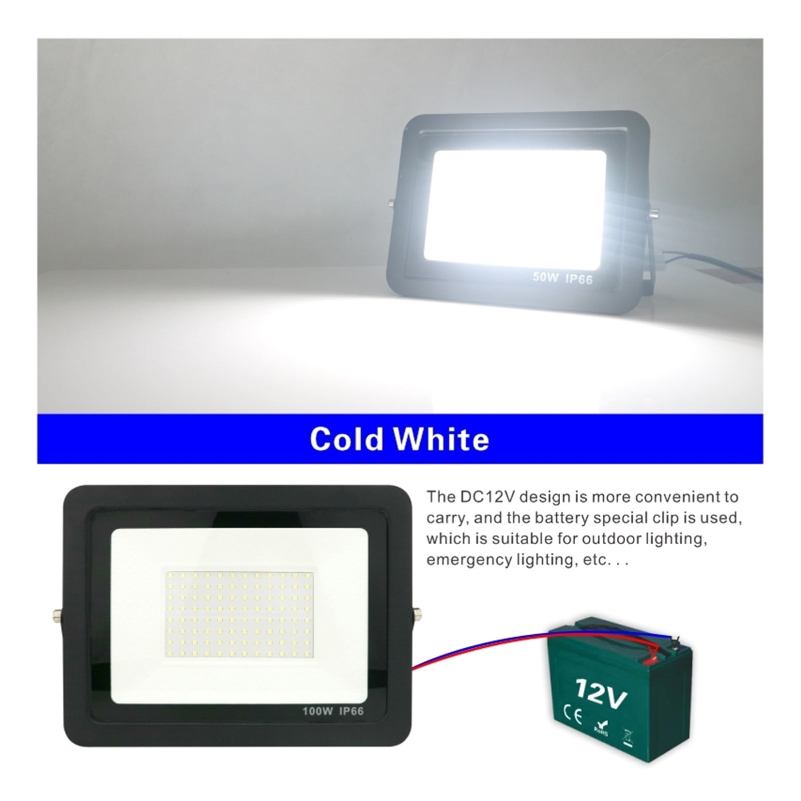DC12V Led Flood Light 20W 30W 50W 100W Outdoor Floodlight Spotlight IP66 Waterproof Light Reflector Portable 12 Volt Led Lights ,Multifunctional Lighting