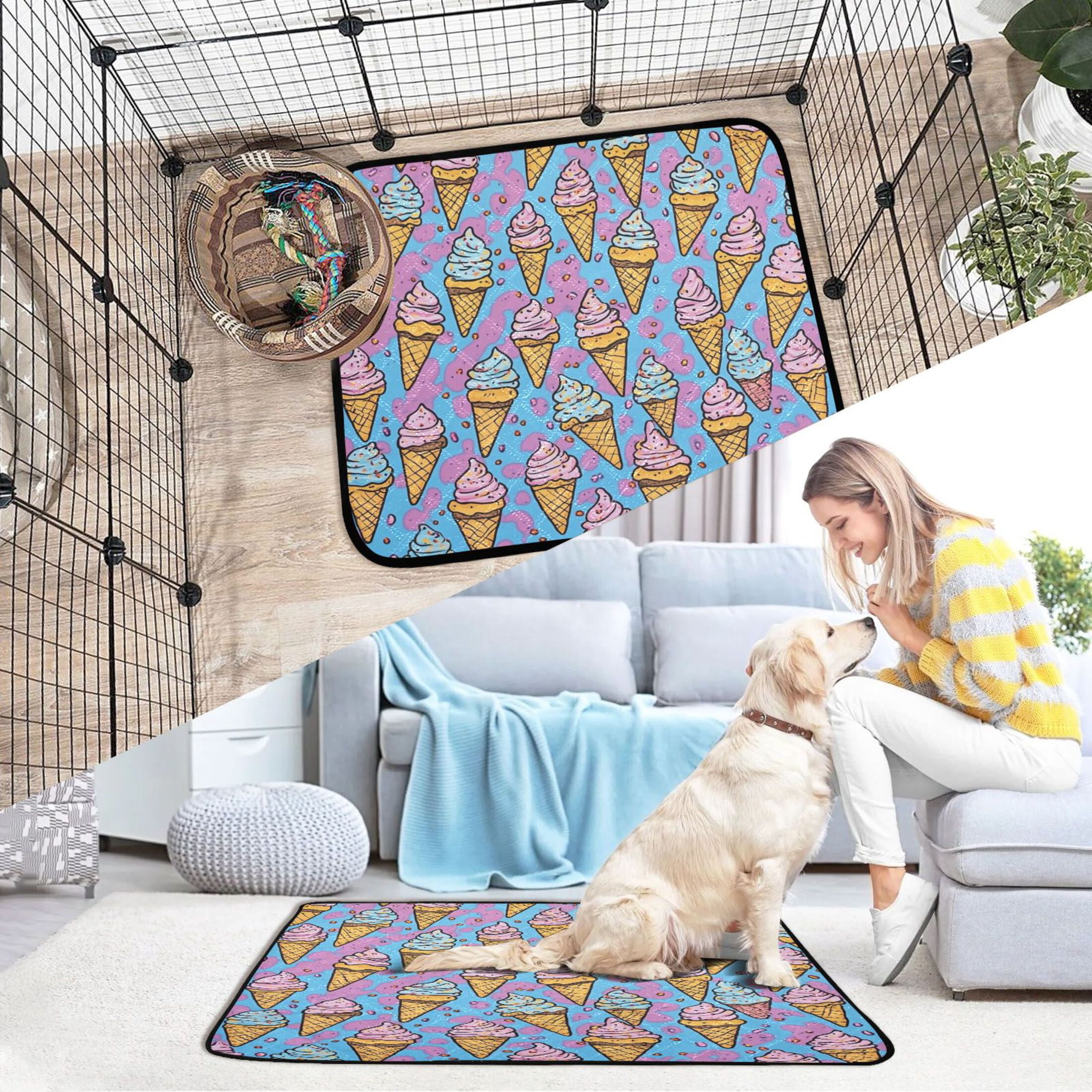Qxltty Ice Cream Cones Cartoon Patterns Cat litter Pads Pet Set of 2 Diaper Mats Center Anti-leakage Layer Absorbent Soft and Comfortable