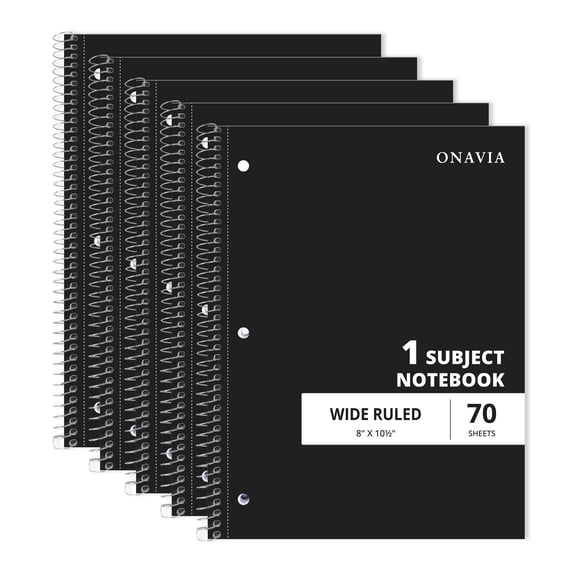 ONAVIA Spiral Notebook, Wide Ruled, 1 Subject Notebook, 5 Pack, 8" x 10.5", Durable Cardboard Back with 3 Hole Punched Paper for Classroom and Office, 70 Sheets, Black