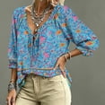 thumbnail image 4 of Women's 3/4 Sleeve V Neck Floral Print Ruffle Blouses Tie Front Flowy Boho Tops Lightweight Woven Casual Shirts Trendy 2026 Summer Beach Outfits Blue L, 4 of 5