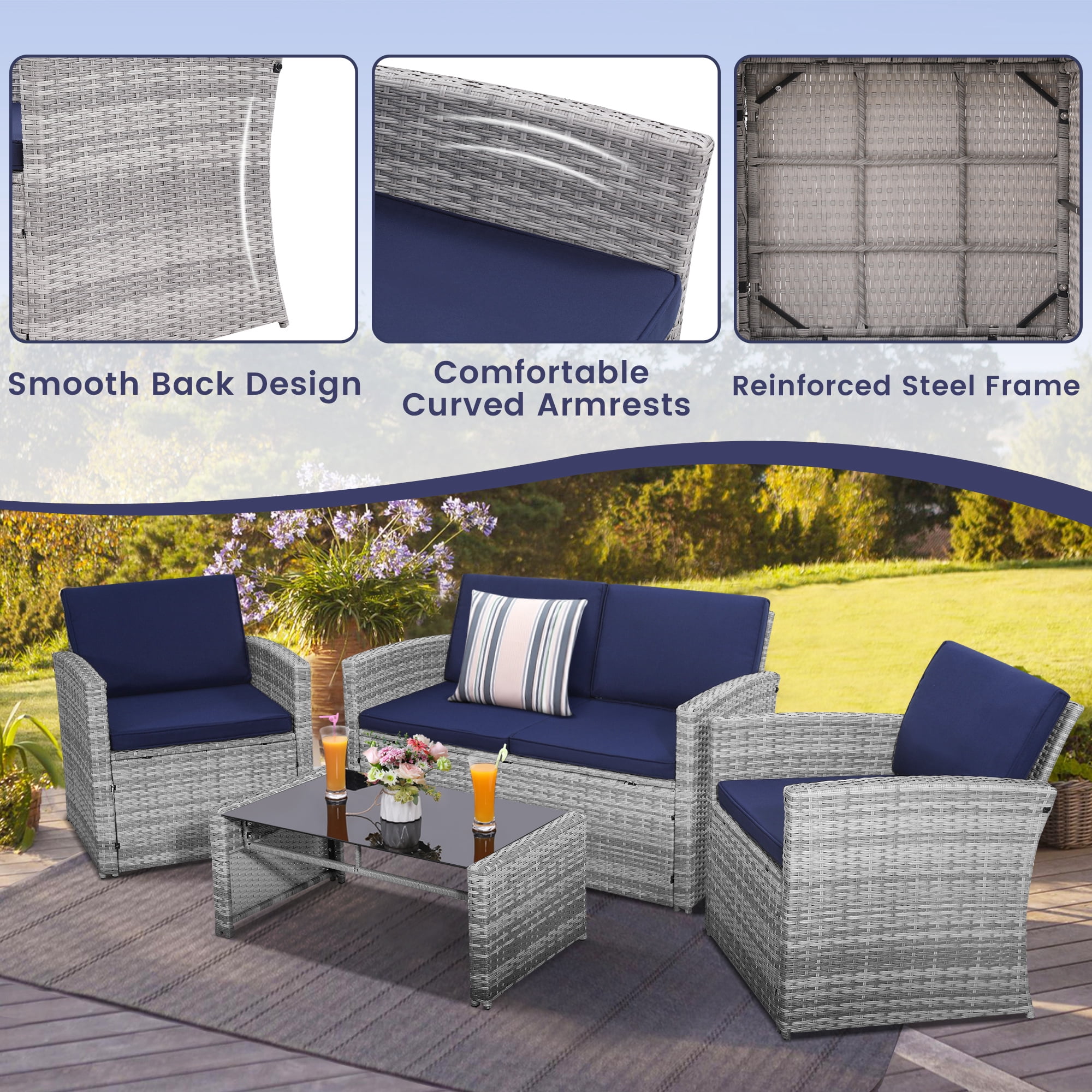 TUAREX Outdoor 4 Piece Wicker Patio Furniture Set, Waterproof Rattan Sectional Sofa with Thick Cushions, Perfect for Patio, Garden, Porch & Backyard, Grey Rattan and Blue Cushion