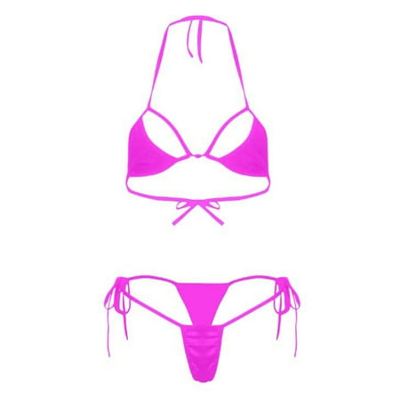 UTSJKR Sheer Mesh Halter Bikini Sets for Women Sexy Triangle String Tie Side Swimsuits 2 Piece Bathing Suit Hot Pink Free Size