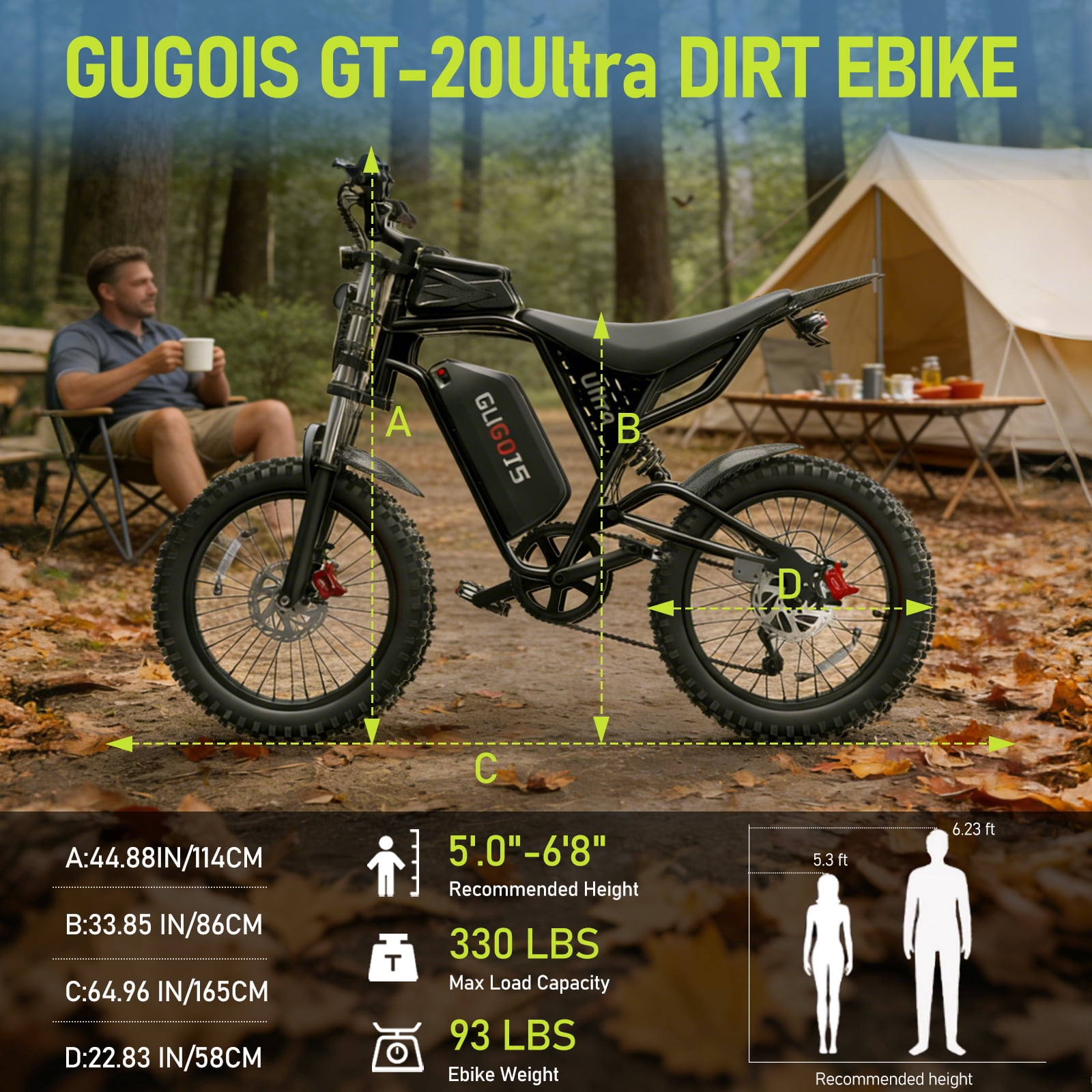 GugoIs 2500W Peak Electric Bike, 52V 25Ah Electric Dirt Bike for Adults, 23" * 3.0 Fat Tire Mountain Ebike, Max.90 Miles, LCD with NFC Unlock, Full Suspension, off-road, UL2849