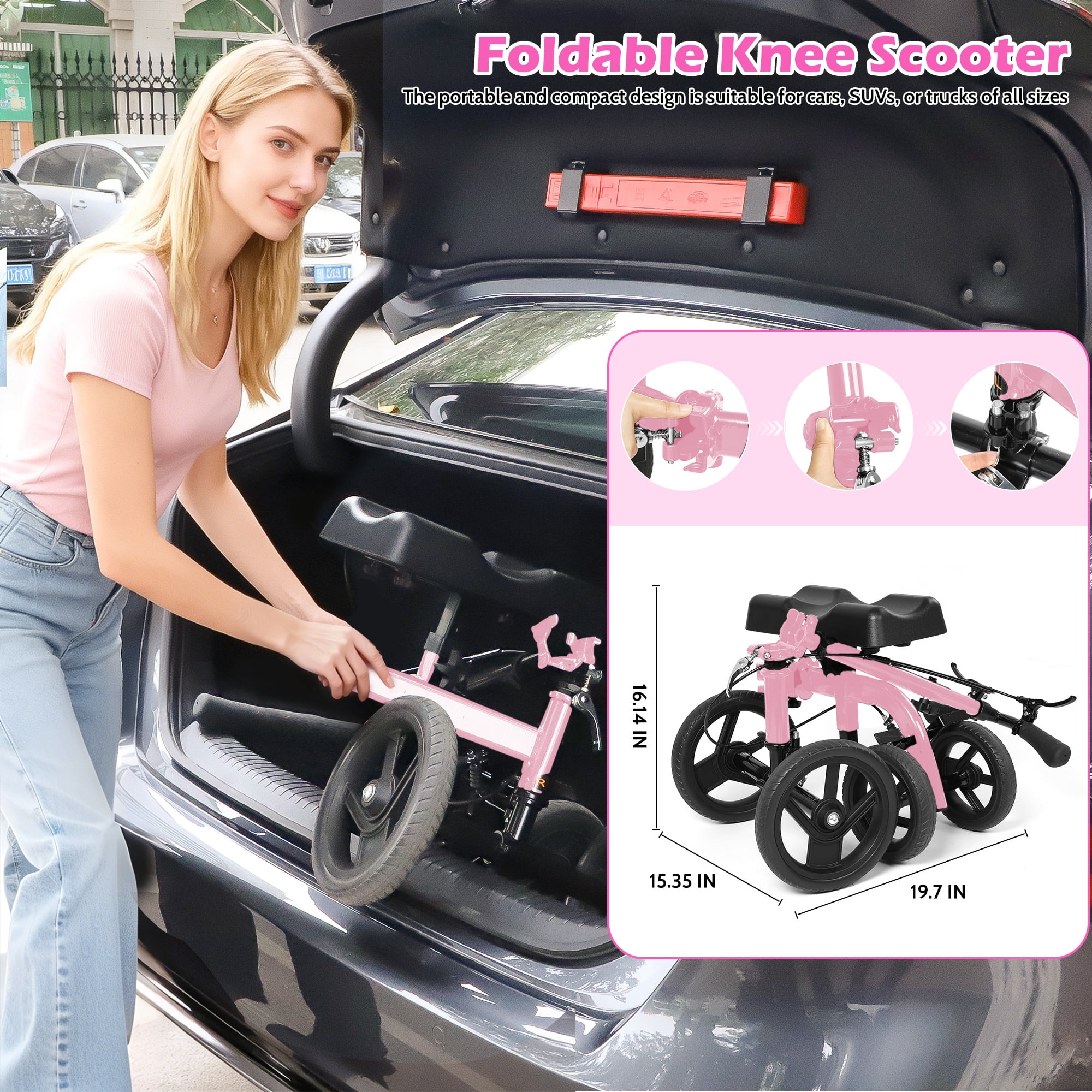 COSYWILL Steerable Knee Scooter,Knee Walker Scooter for Adults with 10" Front Wheels,Foldable Knee Scooter for Foot Surgery Crutches Alternative,Pink