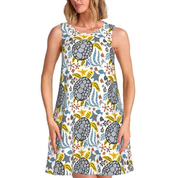 Easygdp Sea Turtle para Vestido Transpirable de Mujer, Vestido Suelto de Manga Corta con Pliegues y Bolsillos para el Verano