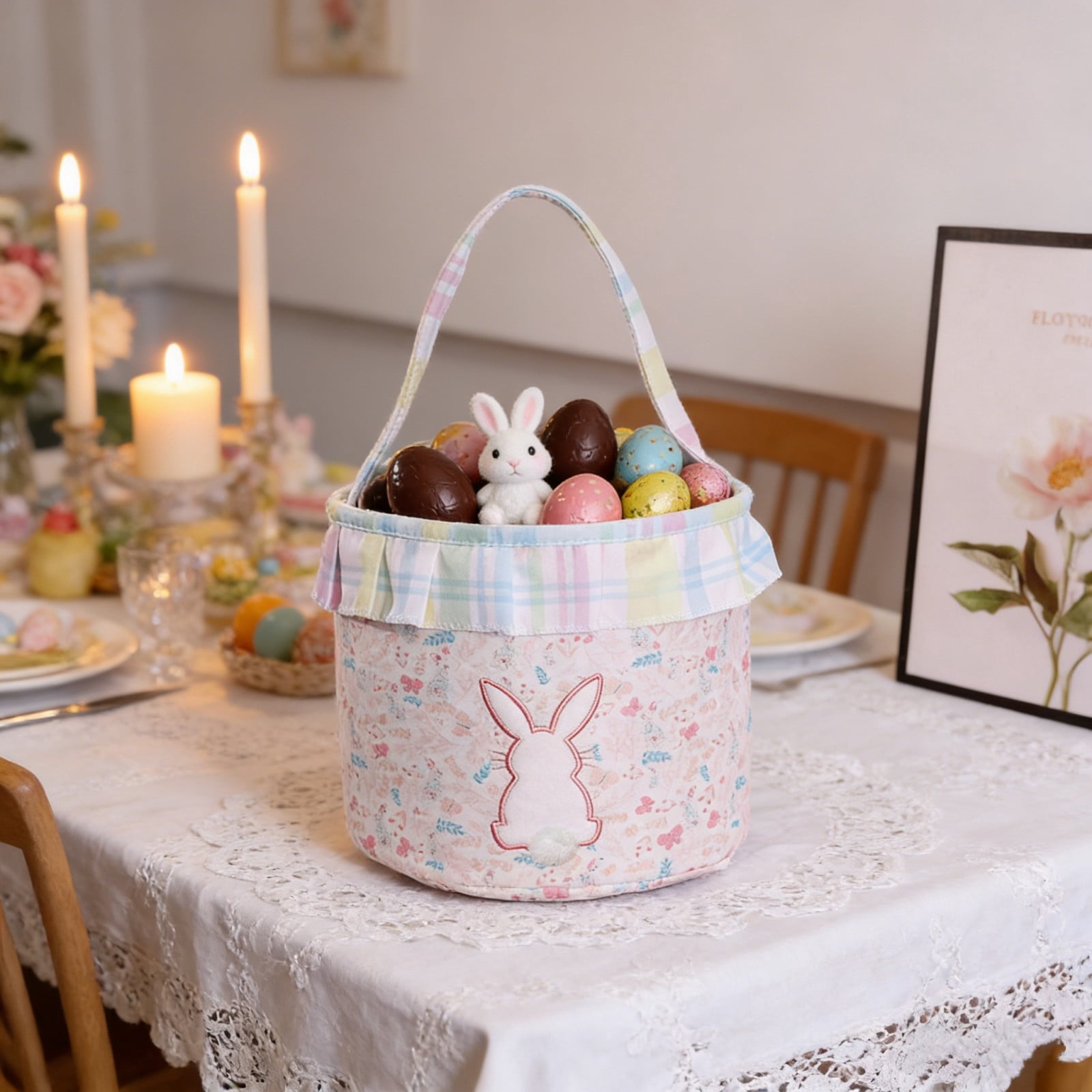 REZUOFI 4 Pcs Easter Basket with Ruffled Design Floral Pattern Storage Tote Bag for Egg Hunt Party Decoration Home Organizer Reusable Foldable Carryall