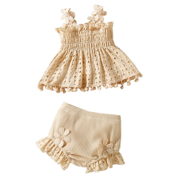 Tiijoy Girls Lace Ruffles Tassels Sleeveless Top Shorts Outfits Baby Clothing Set, Khaki