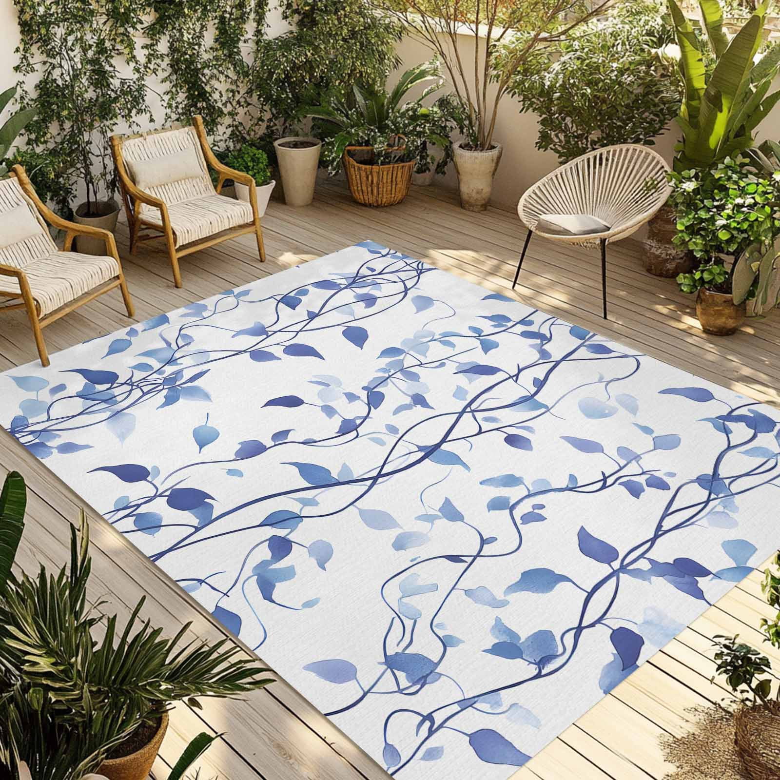 Outdoor Rug 5x8ft Ombre Blue Leaf Large Area Rug Plant Leaves Indoor Outdoor Carpet Outdoor Rugs Mats for Patio Camping,RV,Front Door, Outside Decor