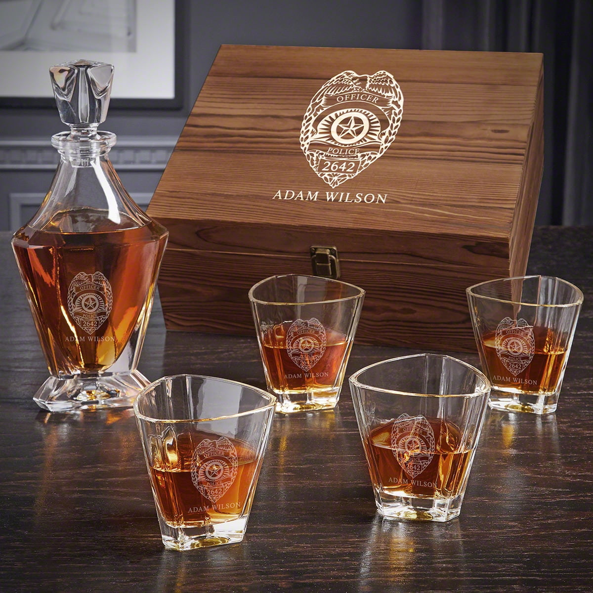 Police Badge Custom Whiskey Decanter and Rocks Glasses Gift Set