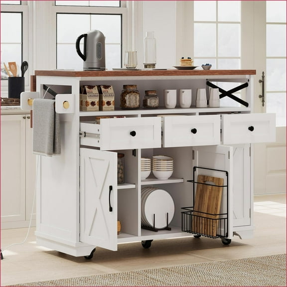 Kitchen Island with Drop Leaf, Power Outlet & Storage, 46.5'' Farmhouse White Rolling Cart | MDF | Medium (40-55in)