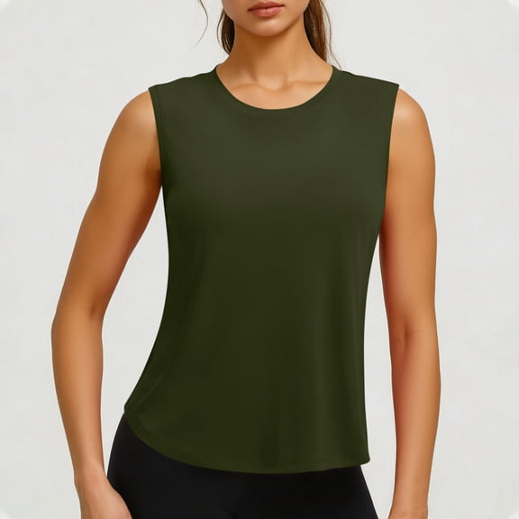 Xdegoge Tank Top for Women Crewneck Sleeveless Relaxed Fit Solid Color Athletic Performance Activewear Breathable Lightweight Curved Hem Summer Gym Workout Casual Shell Tops