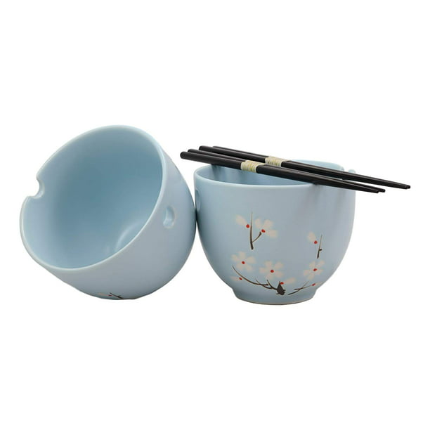 Ebros Ceramic Japanese Sakura Ramen Udong Noodles Bowls and Chopsticks ...