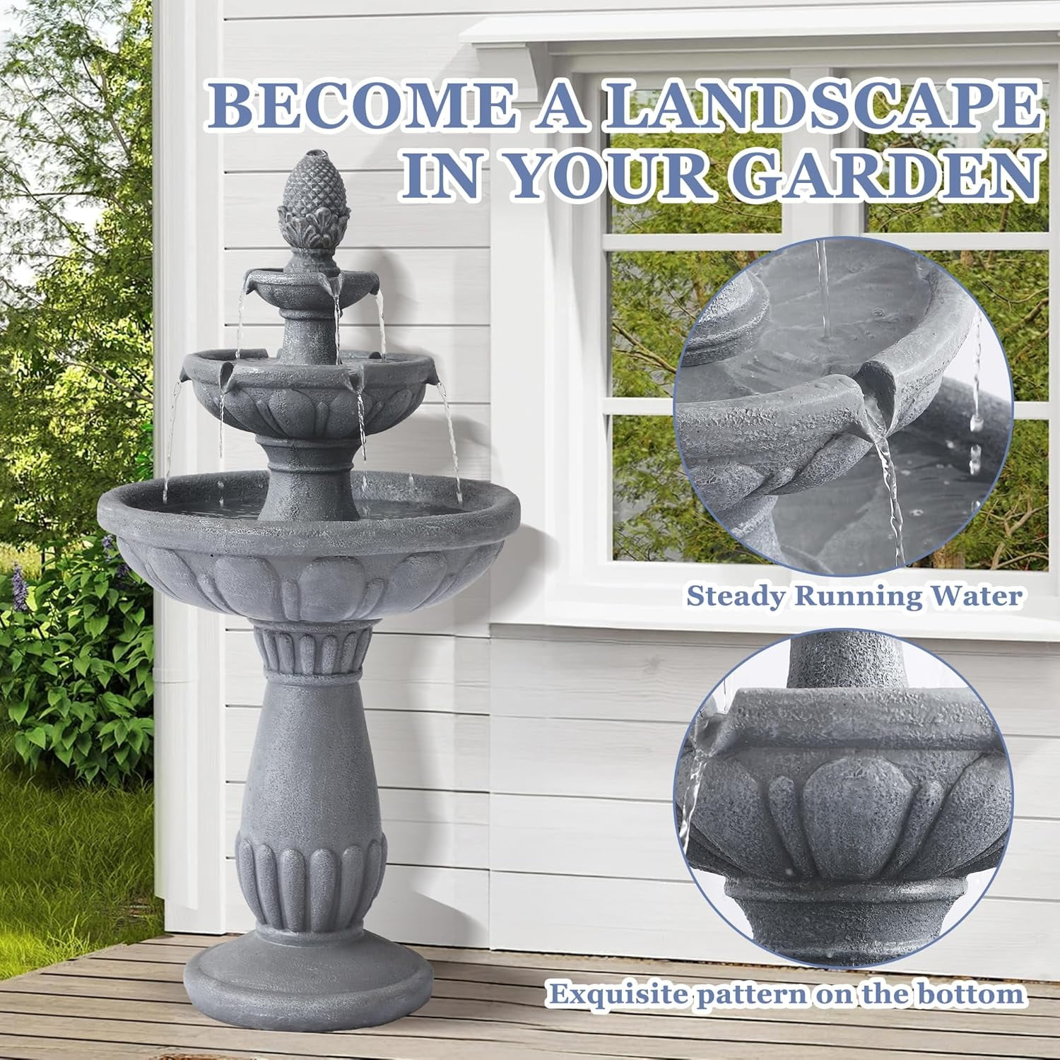 Grepatio Italian Outdoor Water Fountain, 3 Tiers Bubbler Garden Waterfalls Fountains, 40.6" H Tall Roman Pillar Floor Water Fountain for Indoor, Yard, Lawn and Garden Décor