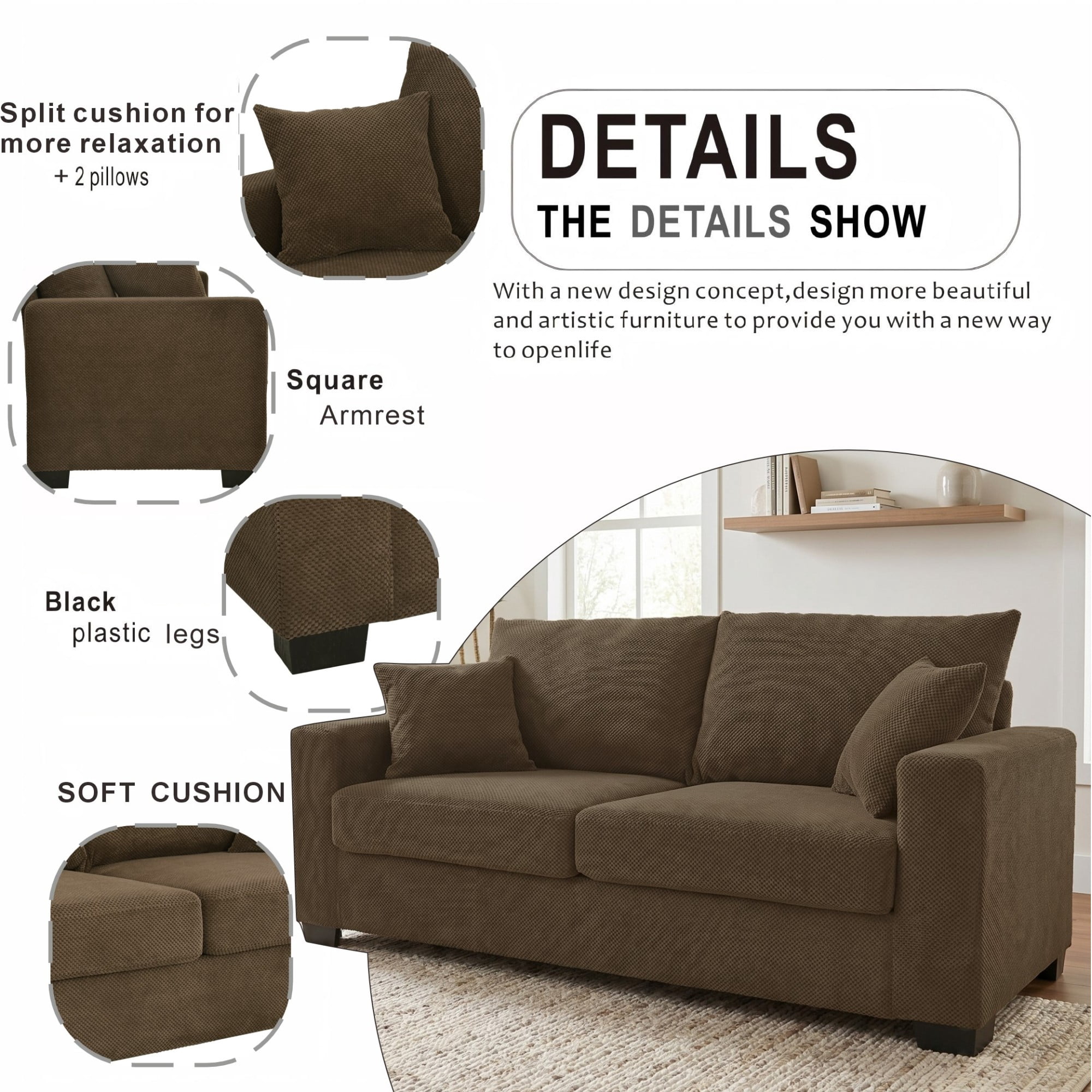 Leumius 69" Sofa for Living Room,Modern 2 Seater Couch for Small Space,Upholstered Loveseat with 2 Throw Pillows,Coffee