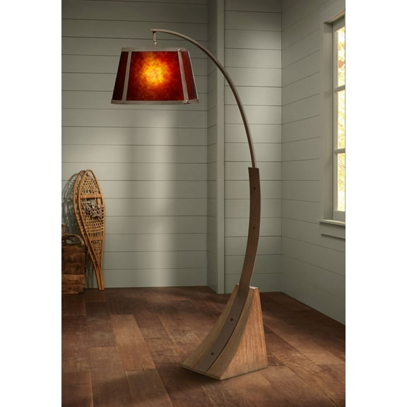 Franklin Iron Works Oak River Rustic Mission Arc Floor Lamp 66 1/2" Tall Dark Rust Wood Amber Mica Drum Shade for Living Room Reading Bedroom Office