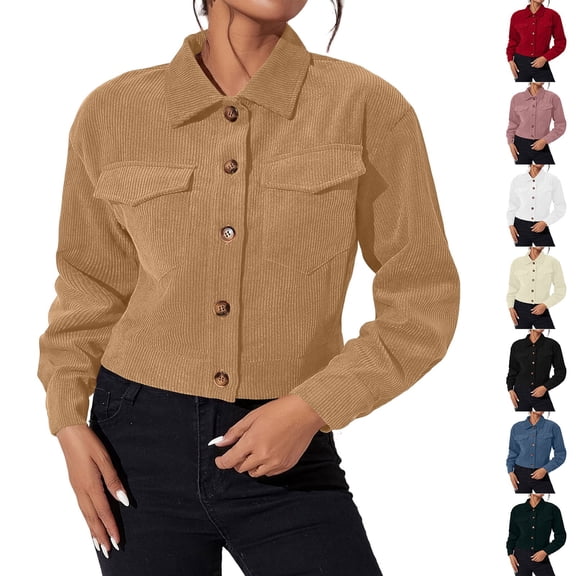 Women's Long Sleeve Button Down Jacket Solid Color Turndown Collar Casual Corduroy Outwear with Pockets XXL