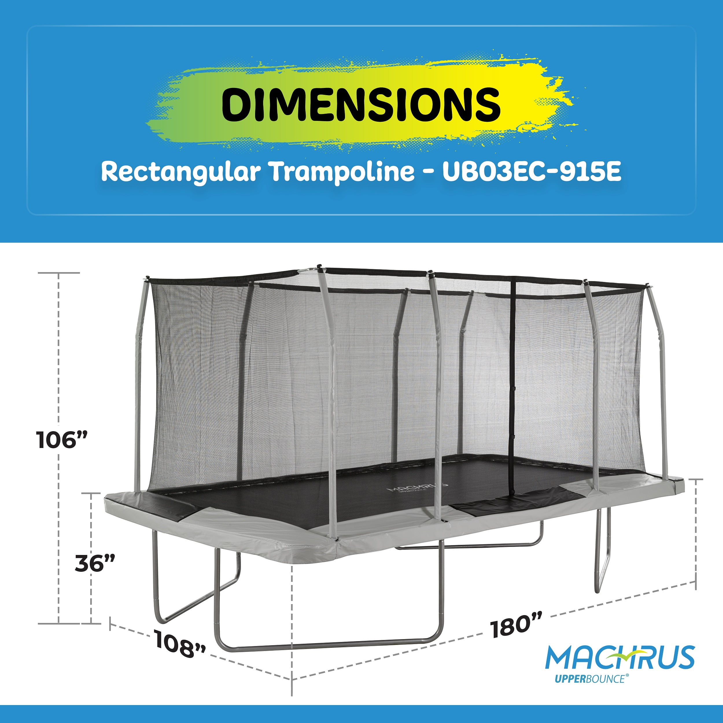 Machrus Upper Bounce 9' x 15' Rectangle Trampoline with Enclosure – Gymnastics-Style Trampoline for Kids, Toddler Trampoline Indoor, and Trampoline for Adults – Beige/Black
