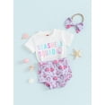 thumbnail image 3 of Argulvti Infant Baby Girls Shorts Outfits, Letter Print Short Sleeve T-Shirt with Shell Pattern Shorts and Bow Heaband Set, 3 of 9