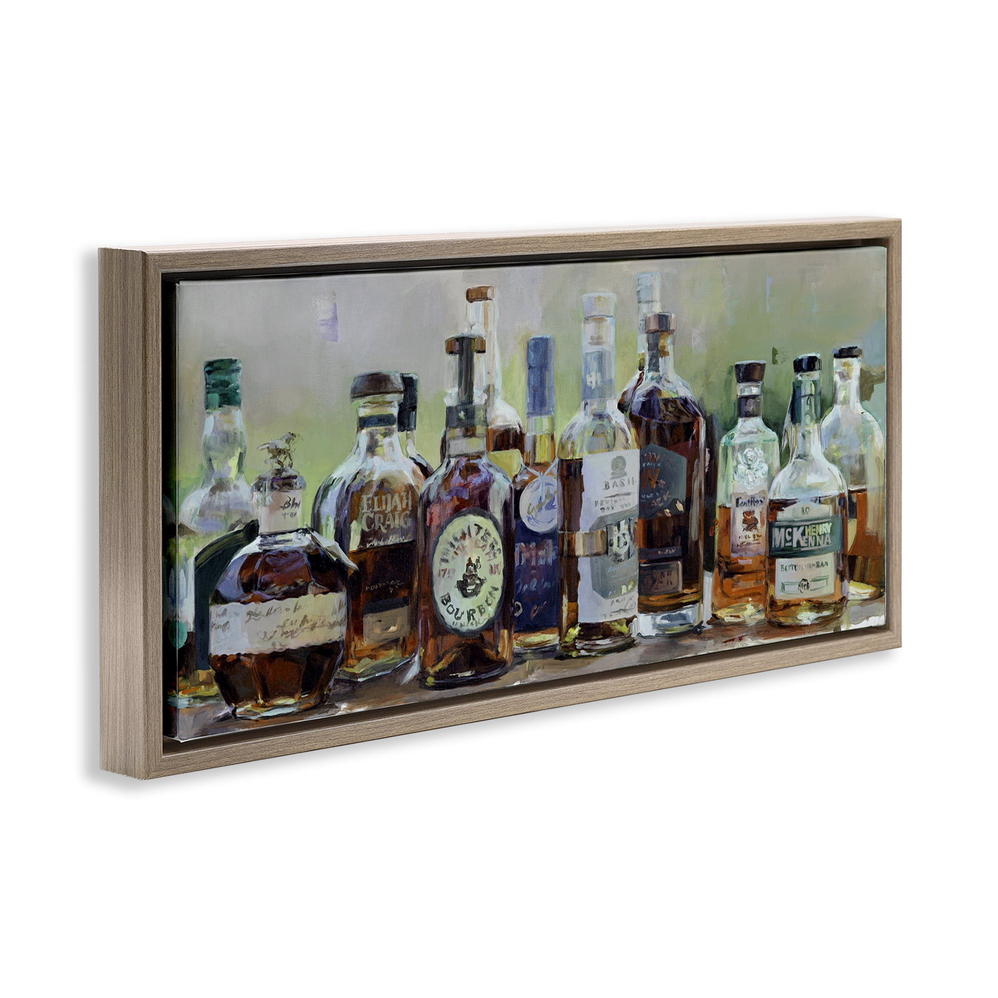 Stupell Industries Vintage Whiskey Bottles Display Brown Framed Floater Canvas Wall Art, design by Marilyn Hageman