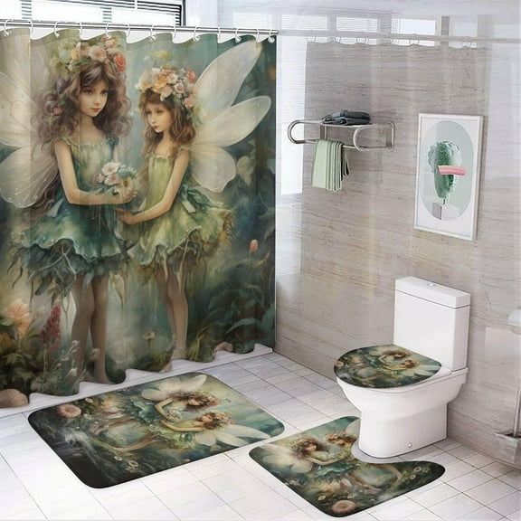 Vintage Girl Shower Curtain Set for Bathroom 4Pcs Fantasty Forest Fairy Tale Bathroom Sets with Rugs Toilet Lid Cover Bath Mat Shower Curtain Set with Hooks, Bathroom Decor