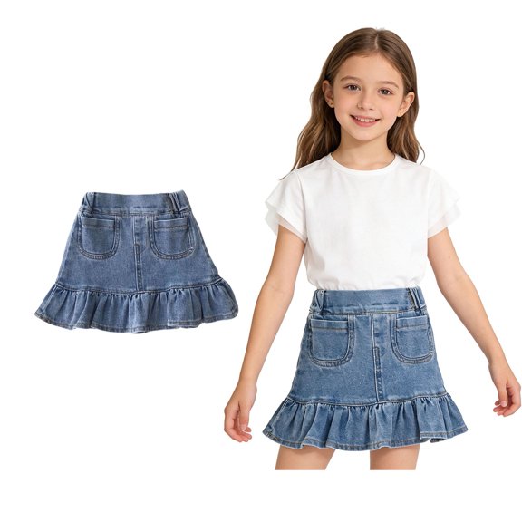 Girls Jean Skirt Elastic Waist Mini Ruffle Denim Skirt Cute Denim Skirt Girls Summer Outfits Skirt for Girls 7-8 Years