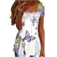 thumbnail image 2 of Floral Printed T Shirts for Women Short Sleeve Crew Neck Summer Tops Casual Loose Tee Purple S, 2 of 7
