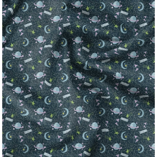 Soimoi Blue Poly Georgette Fabric Moon & Stars Galaxy Fabric Prints By Yard 42 Inch Wide