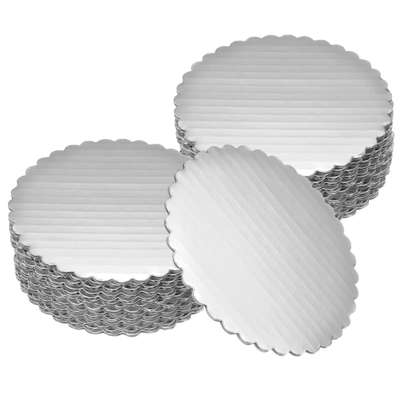 Uxcell 50 Pcs Scalloped Cake Circle Base, 4.9 Inch Cake Cardboards Thick Cardboard Cake Pastry Tray Round Cake Boards for Weddings Parties Birthday Desserts Cupcake (Silver)