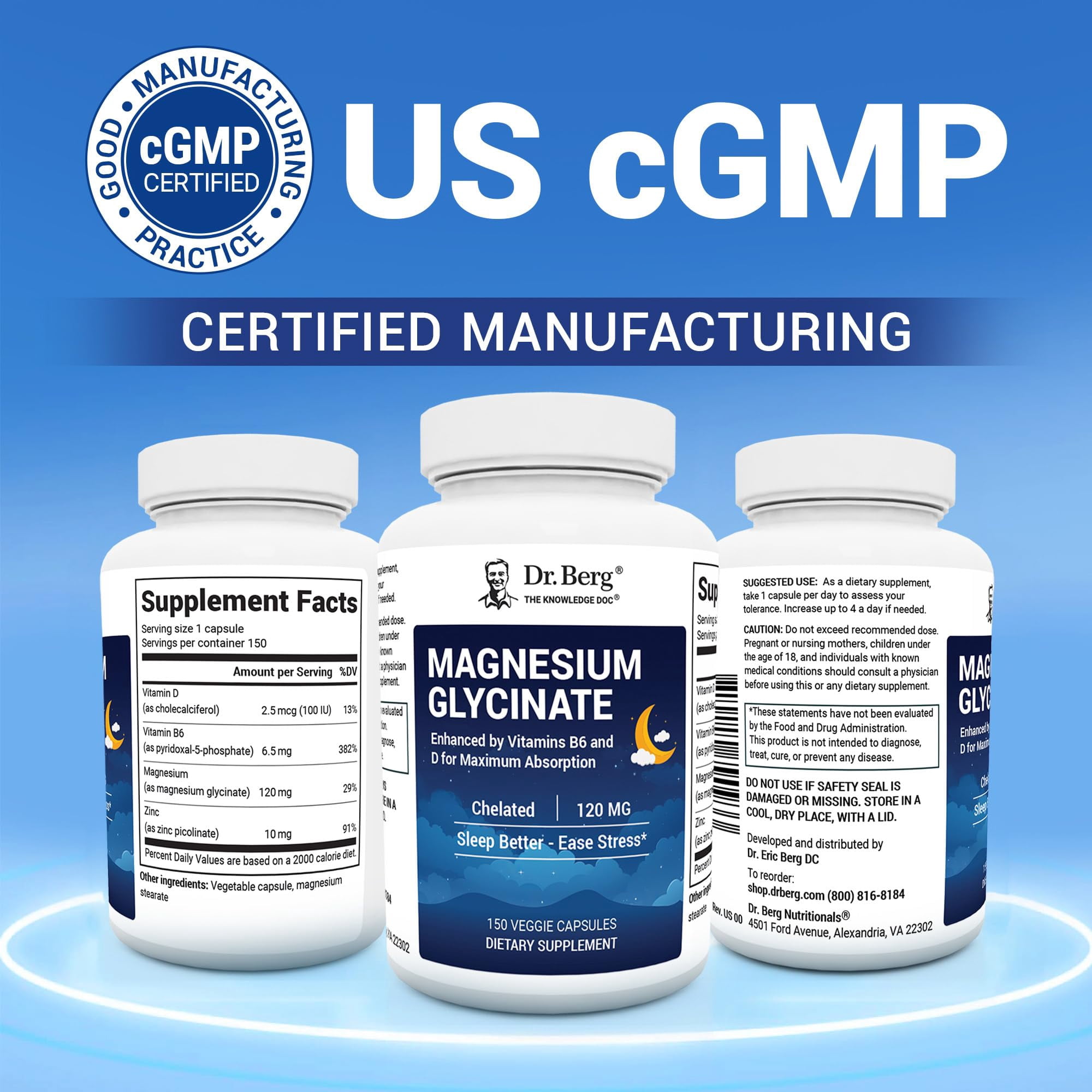 Dr. Berg Magnesium Glycinate 120 mg Chelated Capsules With Zinc, Vitamin D3 & B6, 150 Ct